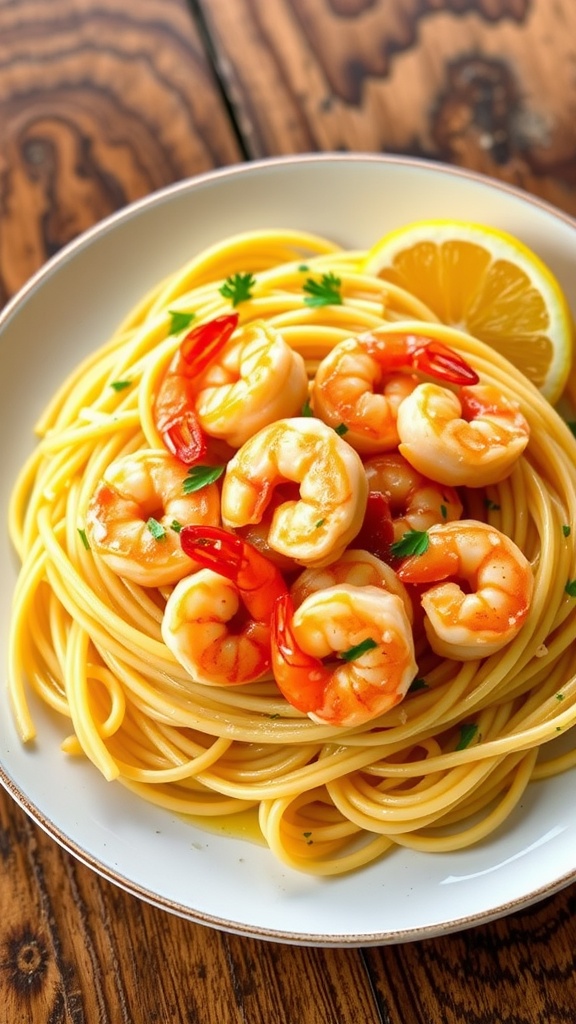 Garlic butter shrimp pasta with shrimp and parsley on a rustic table.